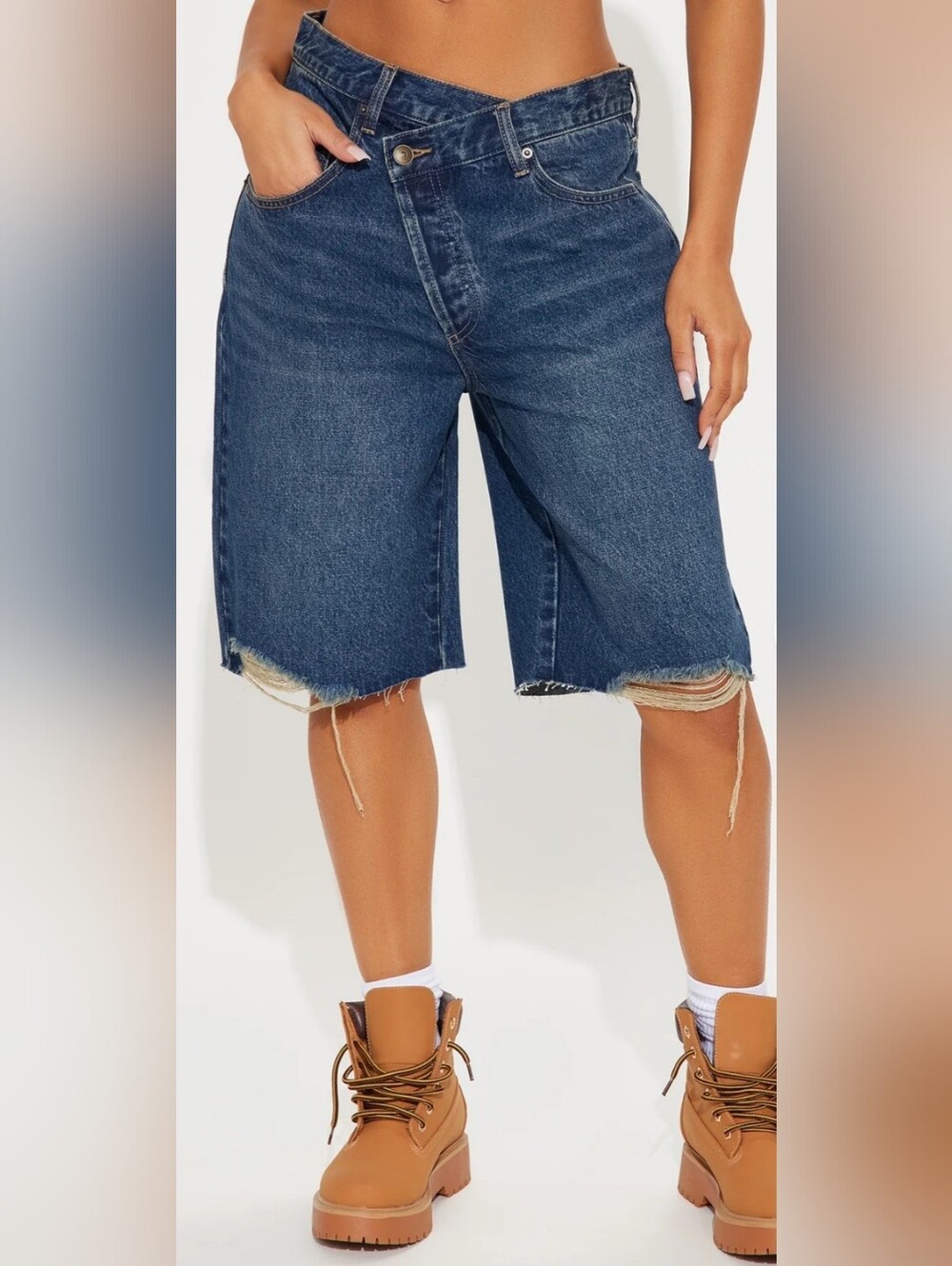 Denim Distressed Bermuda Shorts - Blue